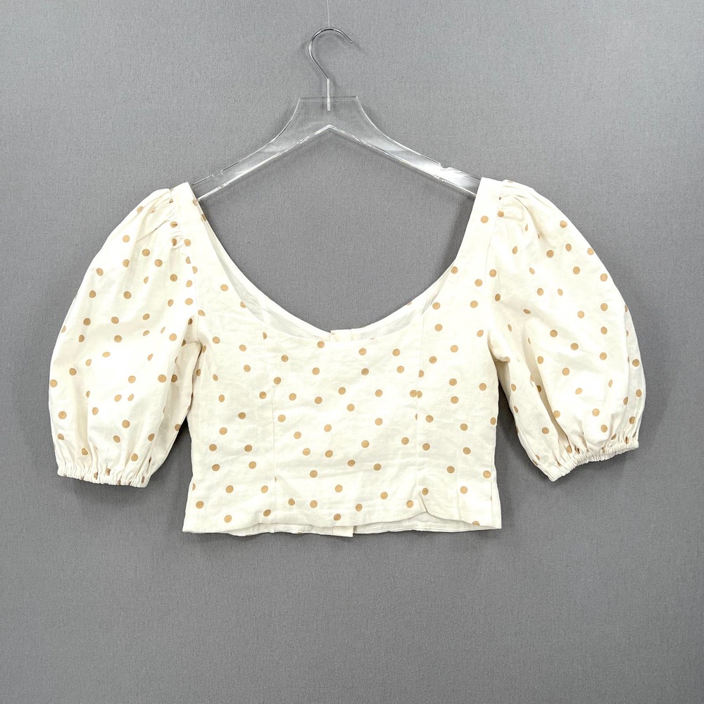 LPA Shirt Womens Medium White Linen Puff Sleeve Crop Top Button Front Polka Dot - Picture 4 of 14